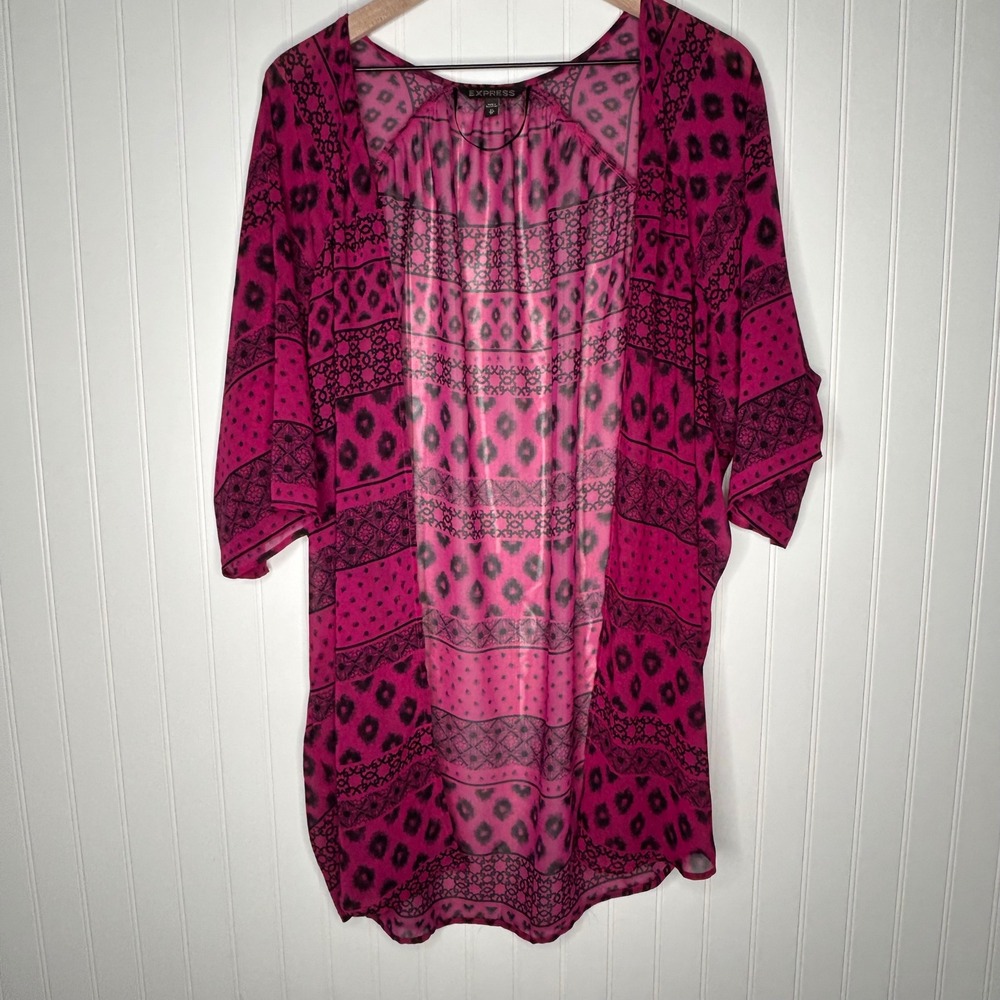 Express Women's Fuchsia Pink Black Ikat Kimono Cardigan Sheer Chiffon XS
